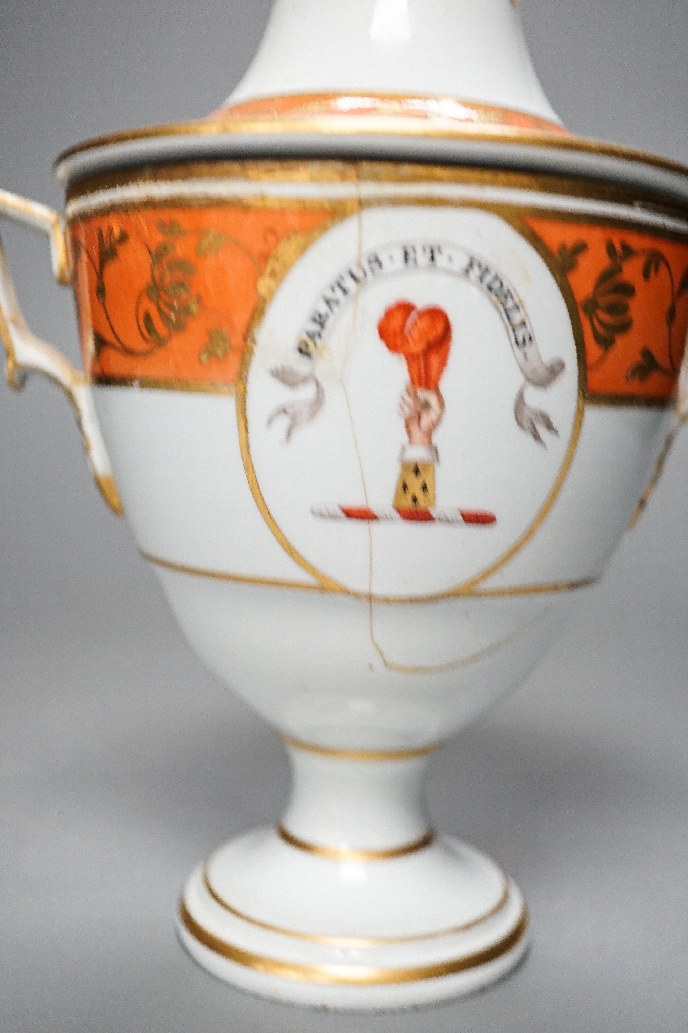 Regency porcelains - a Spode pot pourri, pair of plates, armorial cream pail and cover and a saucer and later cup, tallest 21 cm